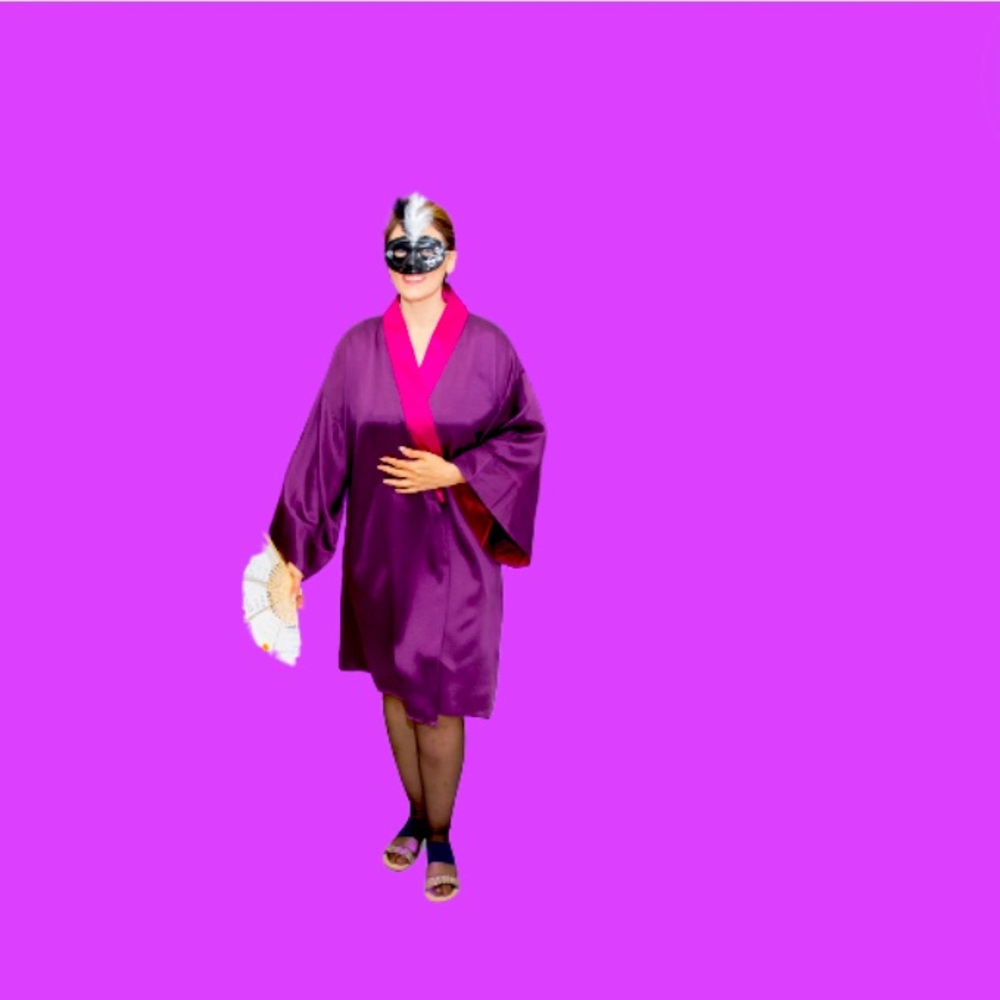 Size L-XL Vintage 100% Silk Purple Hot Pink Kimono by Annabella Joule Luxurious